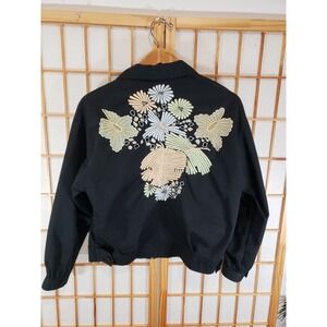 Vintage Jacket Embroidered Black Floral Boho Black CC Sportswear - Size Medium